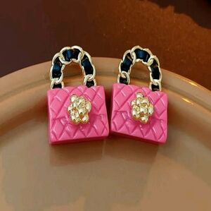 Elegant Pink Gold & Black Handbag Earrings New!